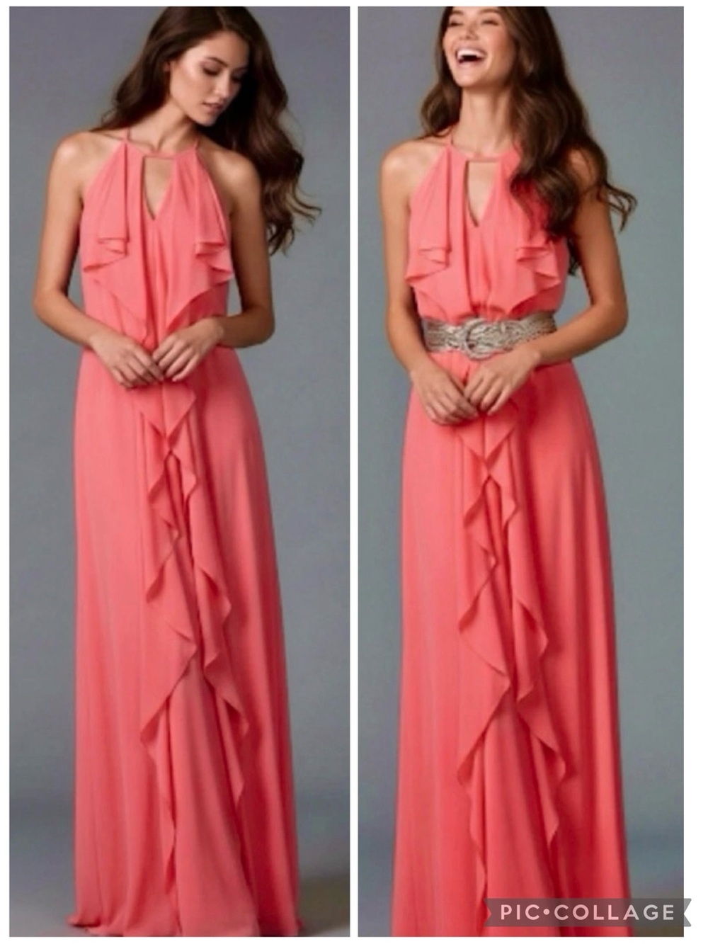 BCBGMAXAZRIA Octavia Pink Coral Halter Ruffle Maxi Dress M Quiet Luxury